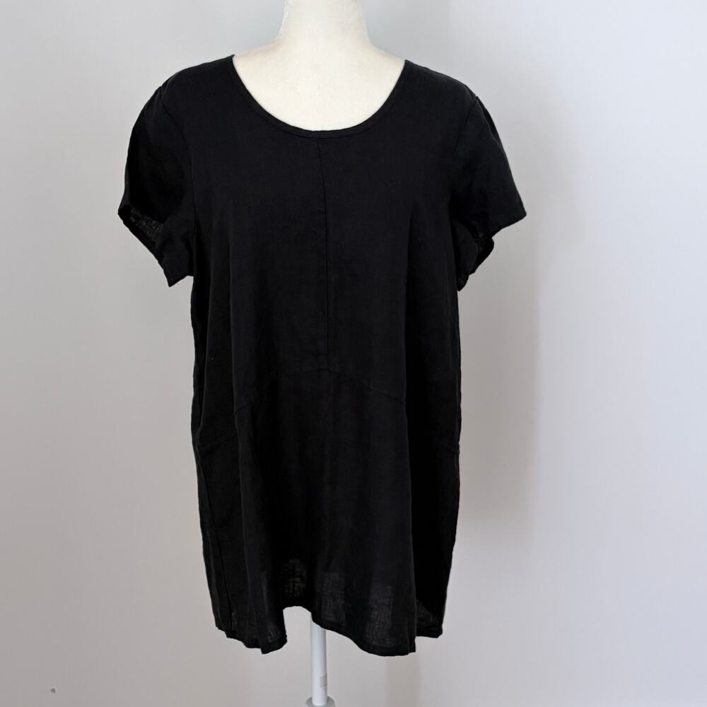 FLAX Black Linen Short Sleeve Tunic Top Medium (10/14)